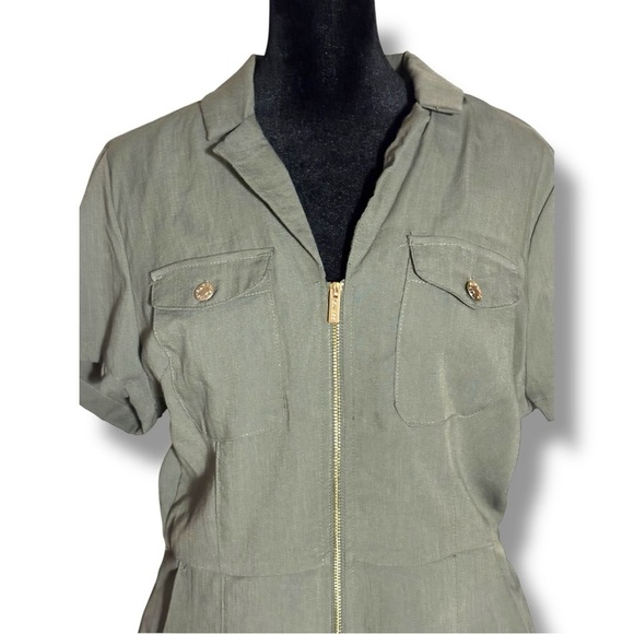 Guess Olive Green Military Style Rolled Hem Gold Zip Front Pockets Romper - Picture 9 of 16